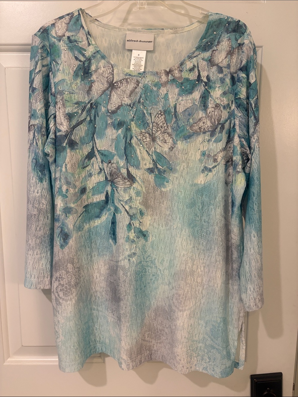 Alfred Dunner Teal Blue Butterfly Print Long-Sleeve Women's Tunic size S